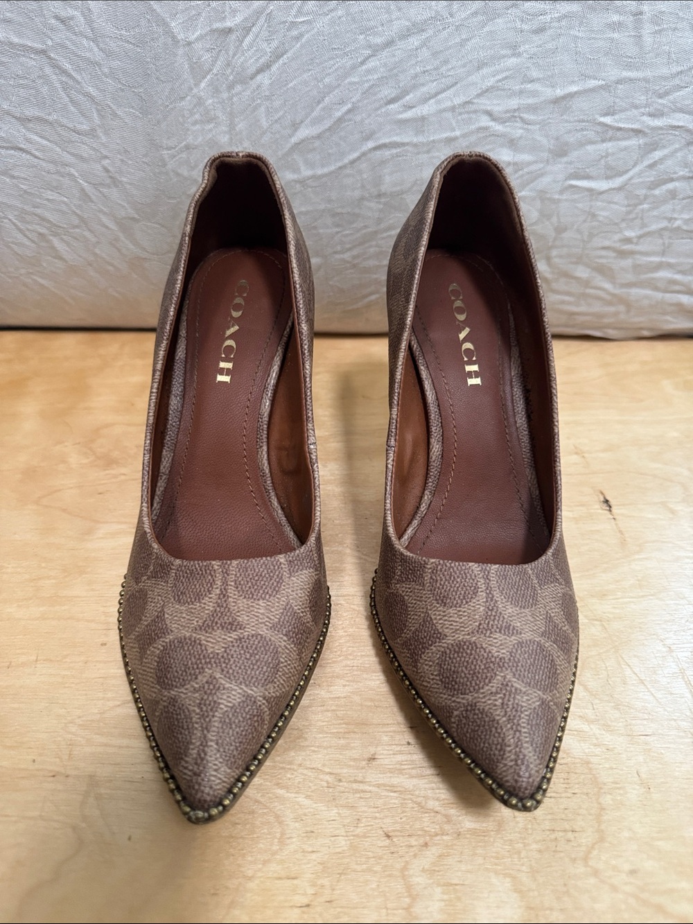 COACH Brown Signature Pointed Toe Pumps with Stud Trim